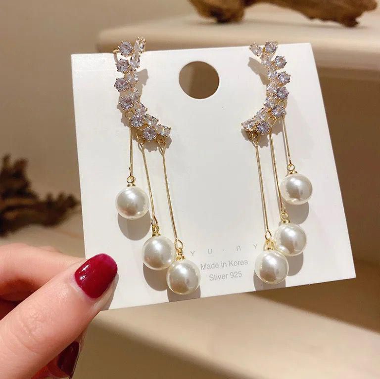 Romaysa Crystal Blossom Pearl Drop Earrings – Elegant Statement Jewelry for Women | Sparkling Rhinestone Design with Dangling Pearls