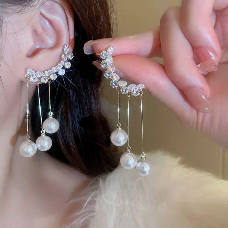 Romaysa Crystal Blossom Pearl Drop Earrings – Elegant Statement Jewelry for Women | Sparkling Rhinestone Design with Dangling Pearls