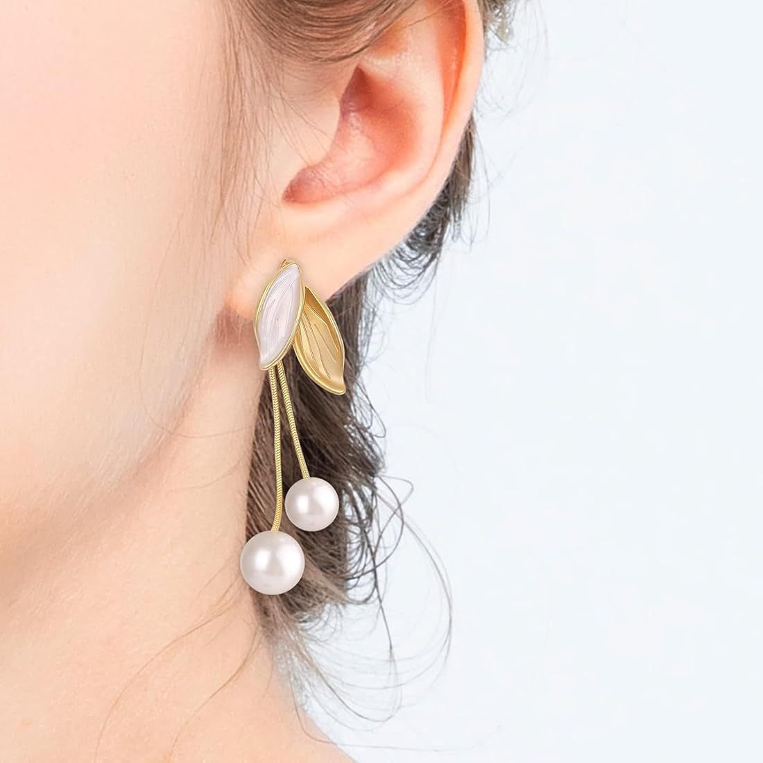 Romaysa Elegant Leaf Pearl Drop Earrings – Gold & White Statement Jewelry for Women | Timeless & Stylish Design